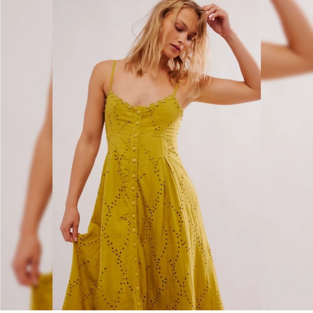 Free People Getaway Midi Dress Avocado Green Button Front Eyelet Lace Size Large